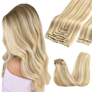 GOO GOO 18” Remy Human Hair Clip in Hair Extensions, Blonde Highlights